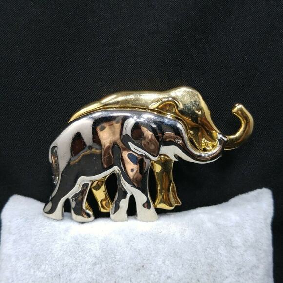 Vintage Liz Claiborne Elephants Brooch, Gold Silver Tone, Trunks Up, 2 1/2 Inch - Picture 6 of 8